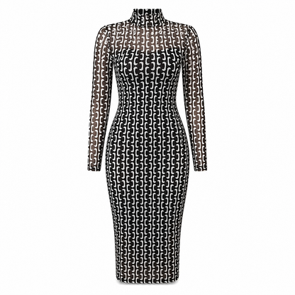 📢🎉50%Rabatt!!!🛍️✨2-Teiler Damen Kleid Set mit langärmligem, meshartigem und kettenbedrucktem Bodycon Midikleid und Unterkleid