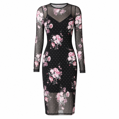 📢🎉50%Rabatt!!!🛍️✨2-Teiler Damen Kleid Set mit langärmligem, meshartigem und kettenbedrucktem Bodycon Midikleid und Unterkleid
