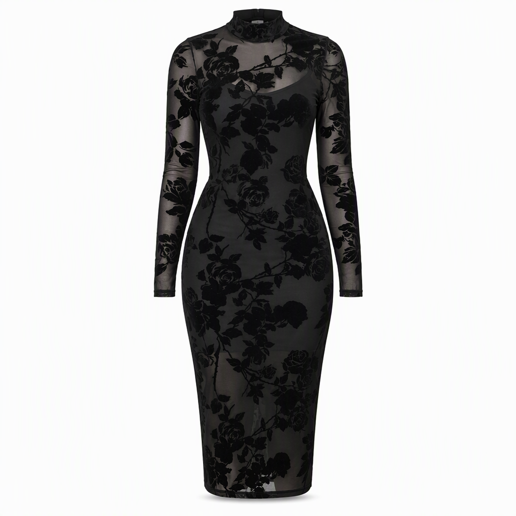 📢🎉50%Rabatt!!!🛍️✨2-Teiler Damen Kleid Set mit langärmligem, meshartigem und kettenbedrucktem Bodycon Midikleid und Unterkleid
