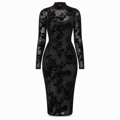 📢🎉50%Rabatt!!!🛍️✨2-Teiler Damen Kleid Set mit langärmligem, meshartigem und kettenbedrucktem Bodycon Midikleid und Unterkleid