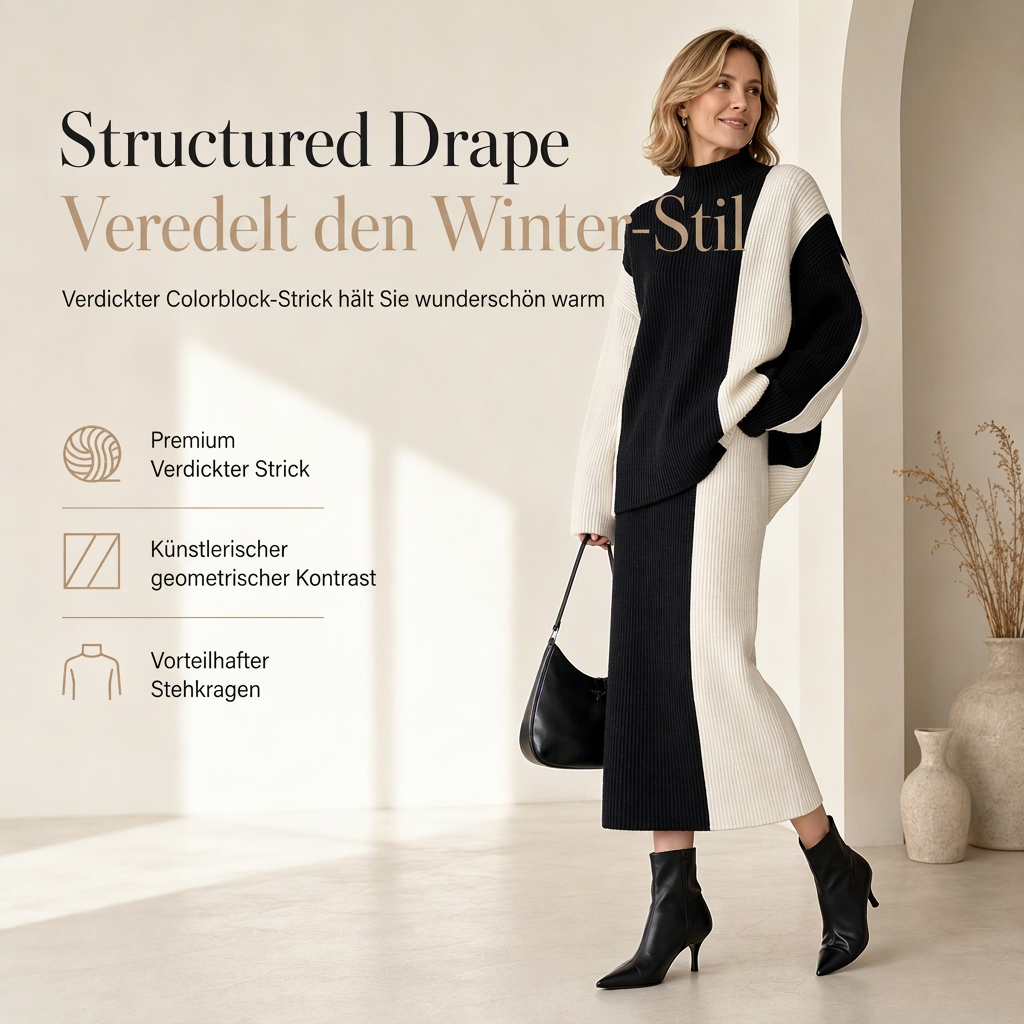 Herbst-Winter Farbblock Strick Zweiteiler Damen – Verdickter Pullover und Rock