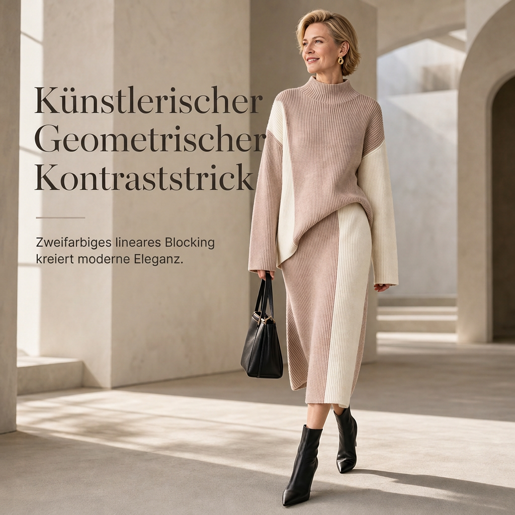 Herbst-Winter Farbblock Strick Zweiteiler Damen – Verdickter Pullover und Rock