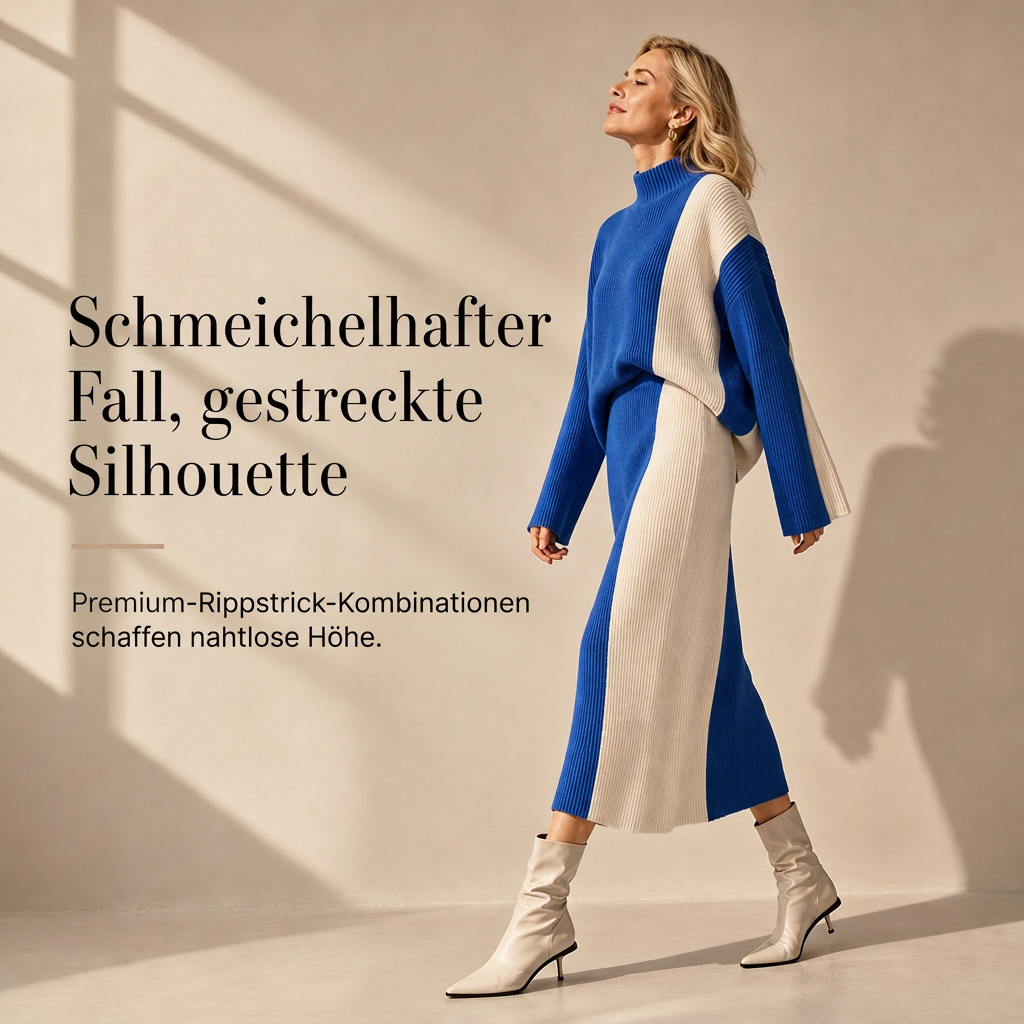 Herbst-Winter Farbblock Strick Zweiteiler Damen – Verdickter Pullover und Rock