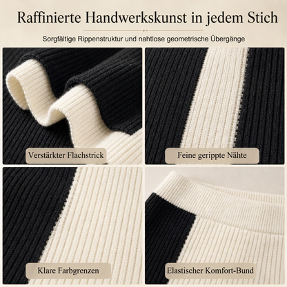 Herbst-Winter Farbblock Strick Zweiteiler Damen – Verdickter Pullover und Rock