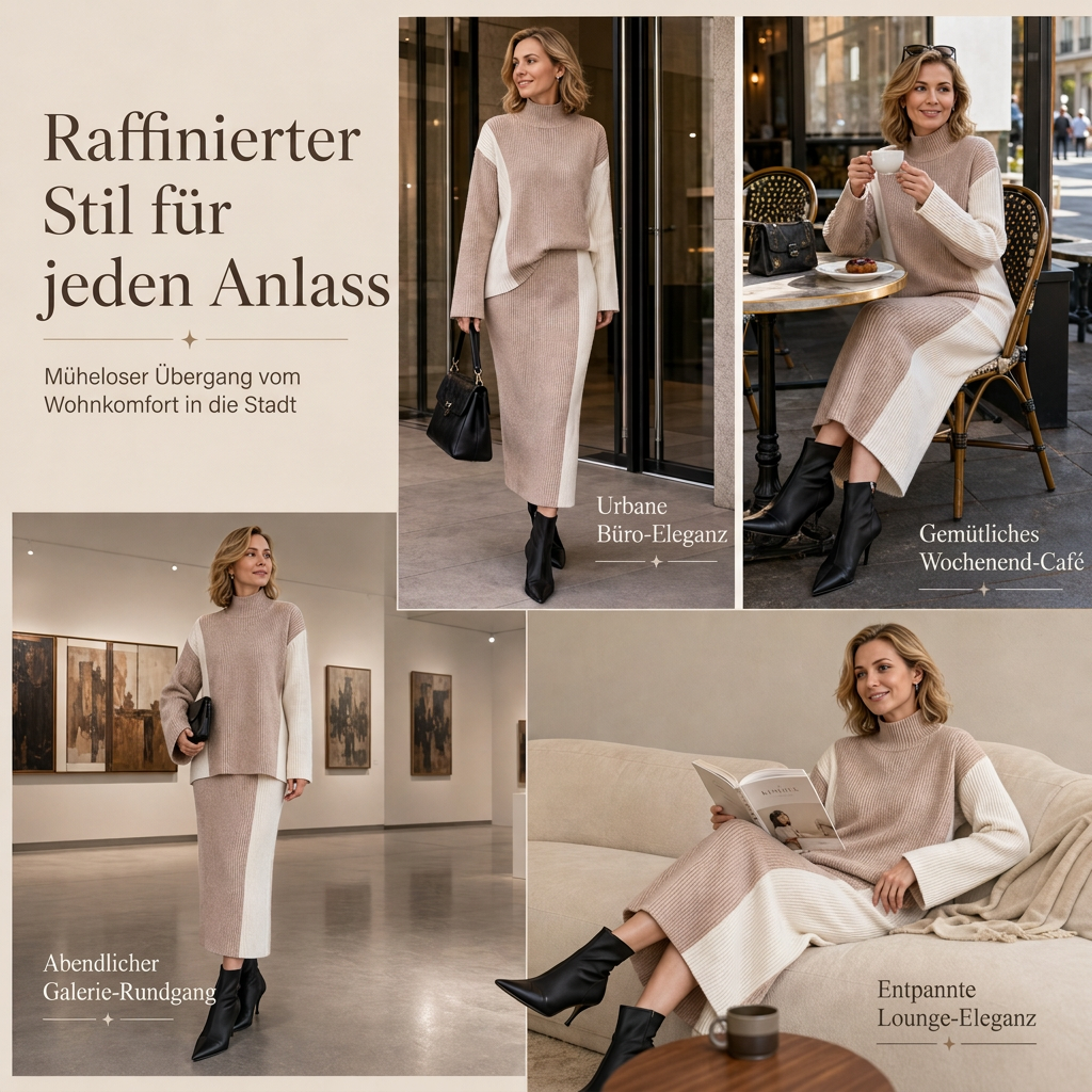 Herbst-Winter Farbblock Strick Zweiteiler Damen – Verdickter Pullover und Rock
