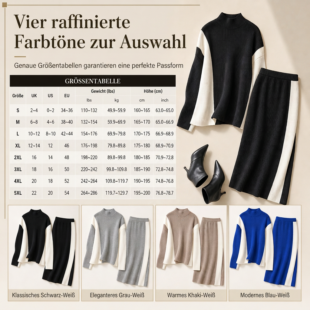 Herbst-Winter Farbblock Strick Zweiteiler Damen – Verdickter Pullover und Rock