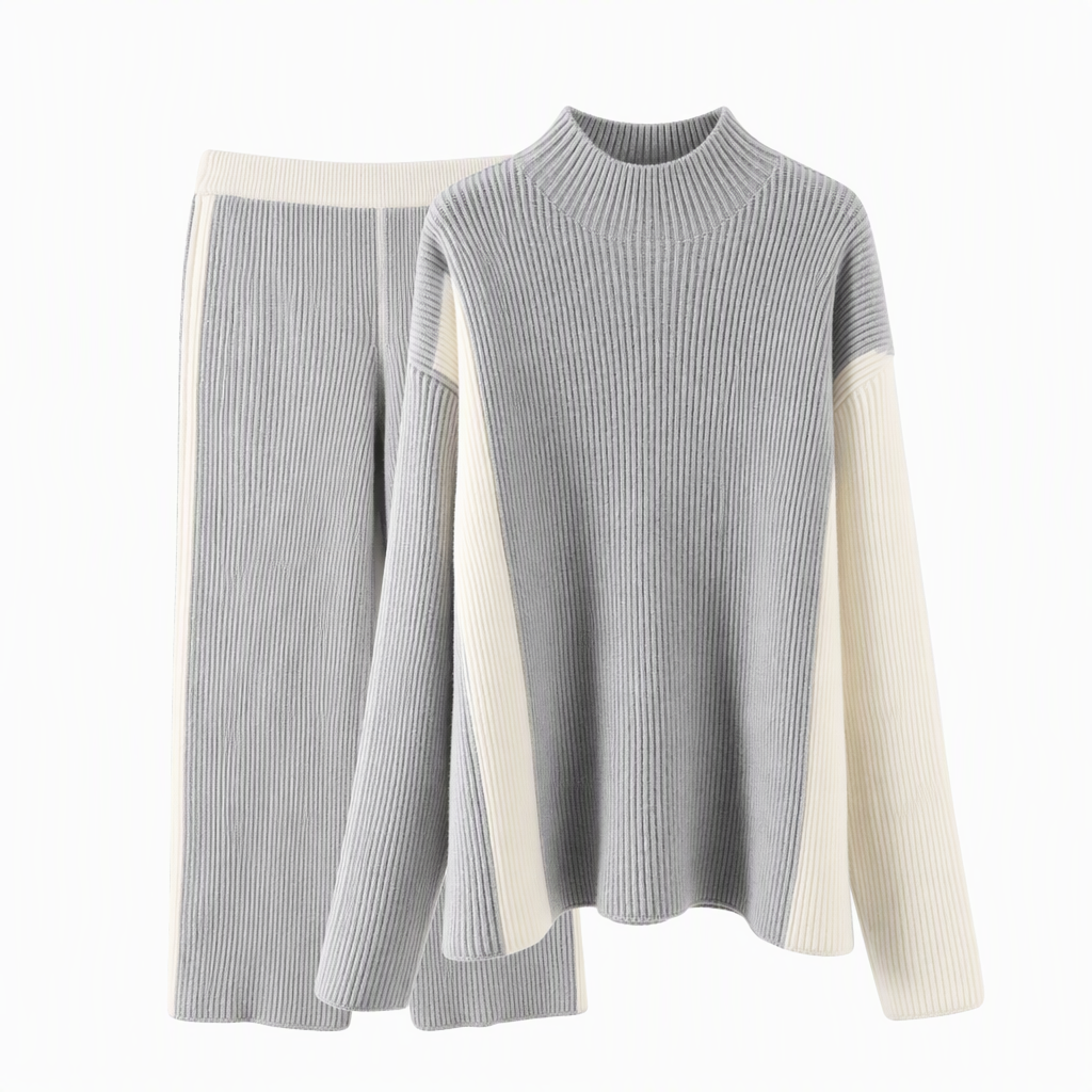Herbst-Winter Farbblock Strick Zweiteiler Damen – Verdickter Pullover und Rock