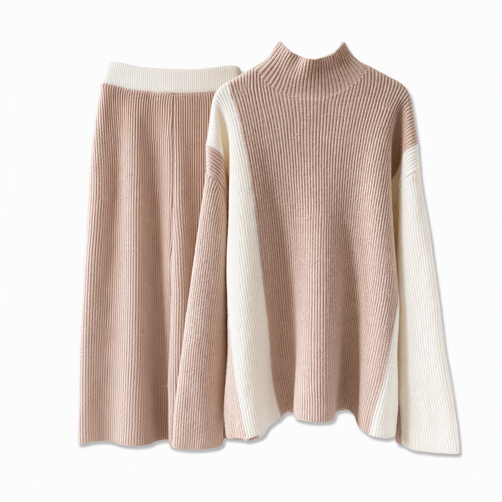 Herbst-Winter Farbblock Strick Zweiteiler Damen – Verdickter Pullover und Rock