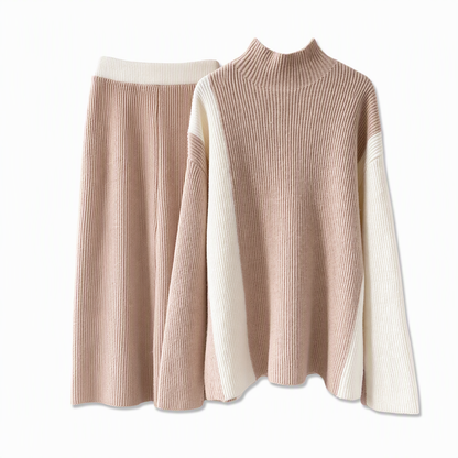 Herbst-Winter Farbblock Strick Zweiteiler Damen – Verdickter Pullover und Rock