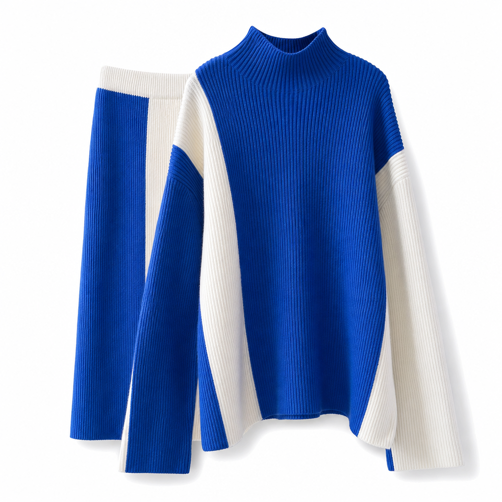 Herbst-Winter Farbblock Strick Zweiteiler Damen – Verdickter Pullover und Rock