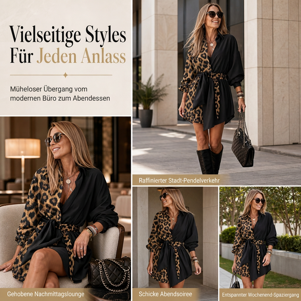 💞 Über 10.000 verkauft! ⭐ Damen Minikleid mit Leopardenmuster – Langarm, Kontrast-Patchwork & Gürtel