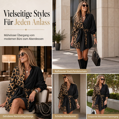 💞 Über 10.000 verkauft! ⭐ Damen Minikleid mit Leopardenmuster – Langarm, Kontrast-Patchwork & Gürtel