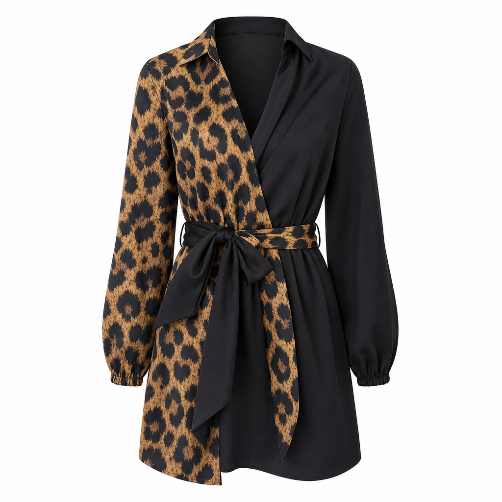 💞 Über 10.000 verkauft! ⭐ Damen Minikleid mit Leopardenmuster – Langarm, Kontrast-Patchwork & Gürtel