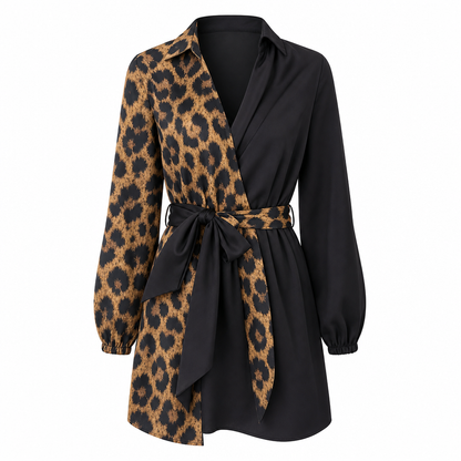 💞 Über 10.000 verkauft! ⭐ Damen Minikleid mit Leopardenmuster – Langarm, Kontrast-Patchwork & Gürtel