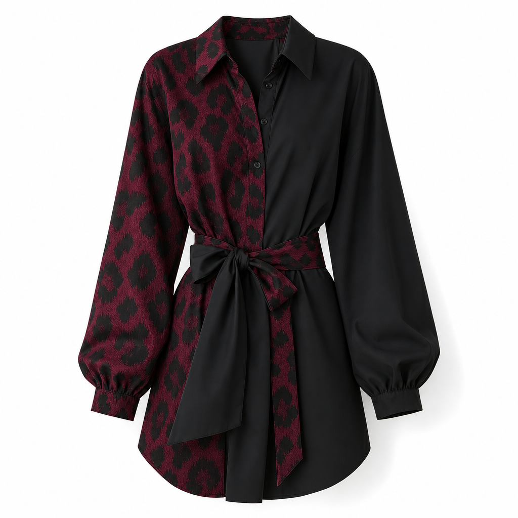 💞 Über 10.000 verkauft! ⭐ Damen Minikleid mit Leopardenmuster – Langarm, Kontrast-Patchwork & Gürtel