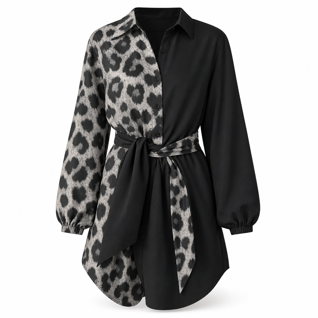 💞 Über 10.000 verkauft! ⭐ Damen Minikleid mit Leopardenmuster – Langarm, Kontrast-Patchwork & Gürtel
