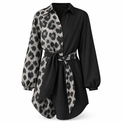 💞 Über 10.000 verkauft! ⭐ Damen Minikleid mit Leopardenmuster – Langarm, Kontrast-Patchwork & Gürtel