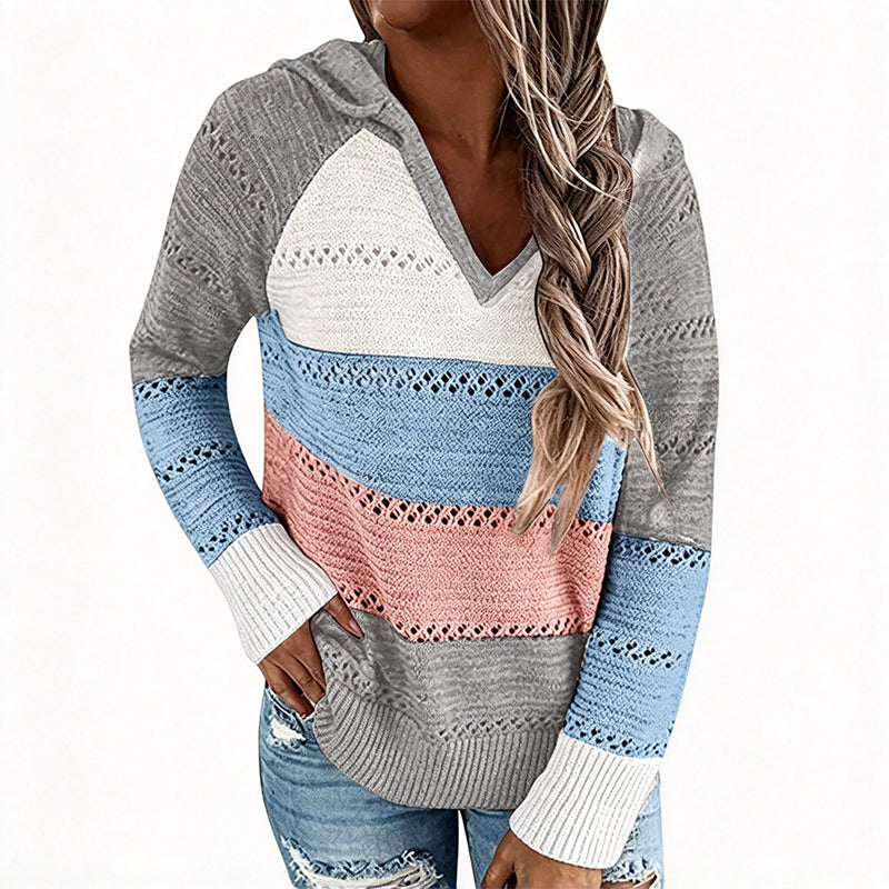 📢🎉50%Rabatt!!!🛍️✨Damen Kapuzen-Strickpullover mit Color-Block-Design und Lochstrick