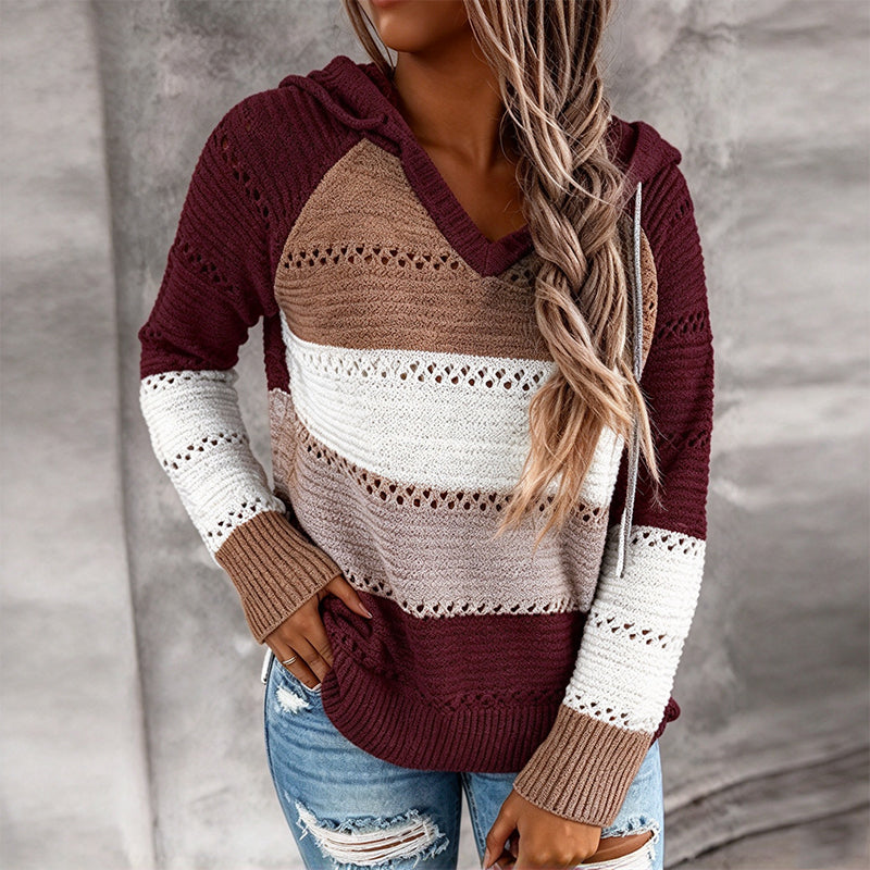 📢🎉50%Rabatt!!!🛍️✨Damen Kapuzen-Strickpullover mit Color-Block-Design und Lochstrick