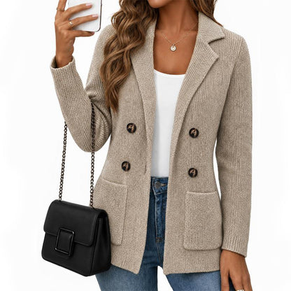 📢📢50%Rabatt!!!🎉✨Damen zweireihige Rippstrick-Strickjacke mit Taschen und Reverskragen