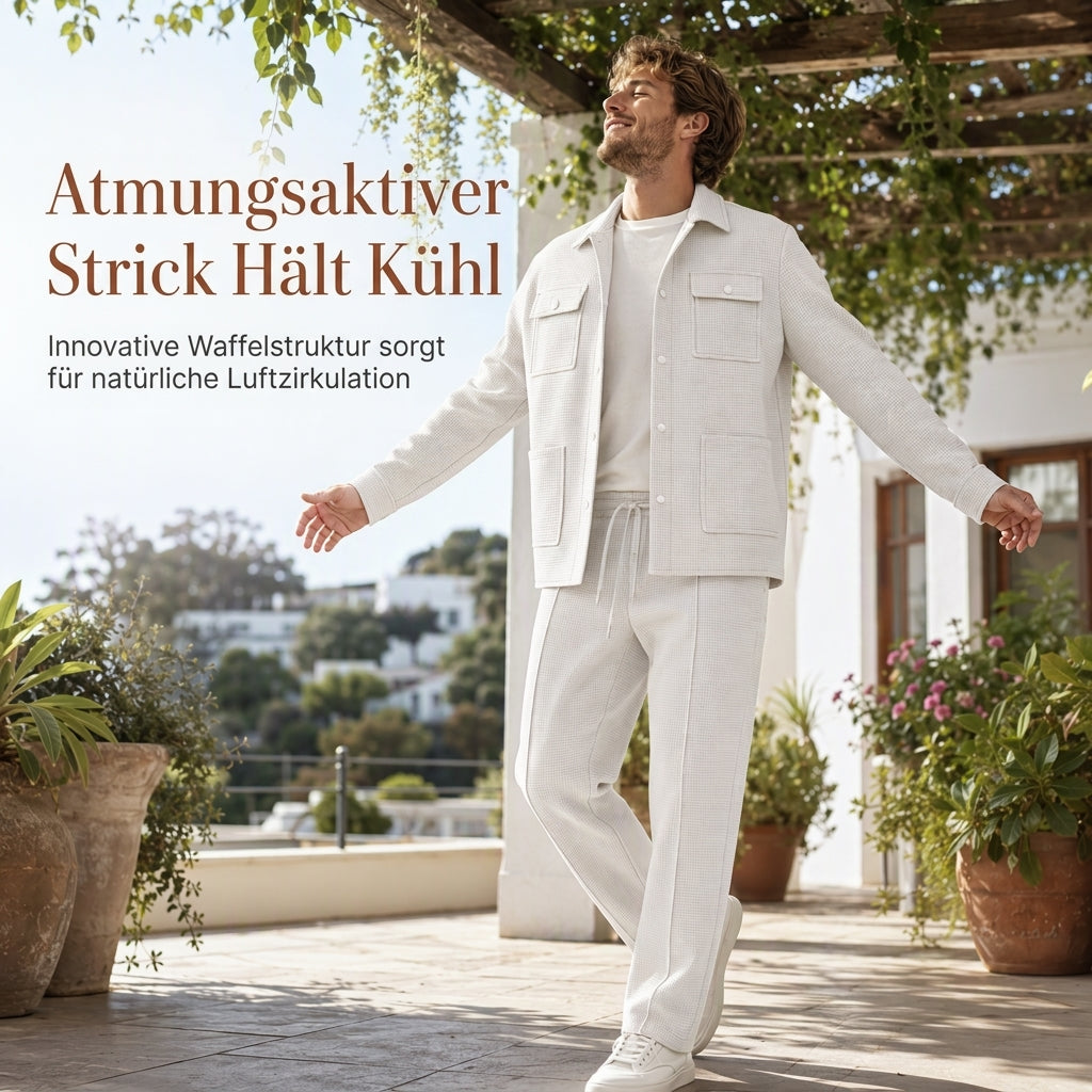 🔥 Beliebtes Produkt ！✨Zweiteiliges Set aus legerer Waffelstrickjacke und passender Hose für Herren