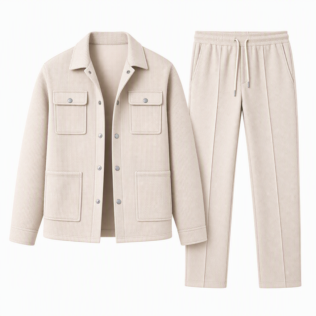 🔥 Beliebtes Produkt ！✨Zweiteiliges Set aus legerer Waffelstrickjacke und passender Hose für Herren