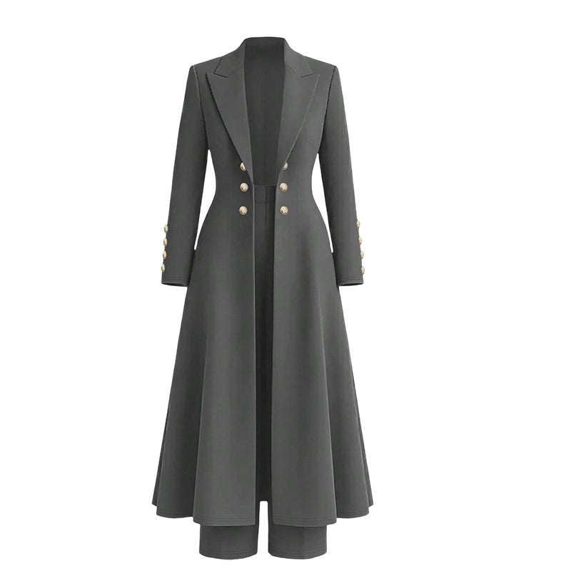 Elegantes herbstliches 2-Teiler-Outfit für Damen mit Retro-Langmantel und schlichter Hose