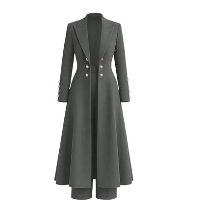 Elegantes herbstliches 2-Teiler-Outfit für Damen mit Retro-Langmantel und schlichter Hose