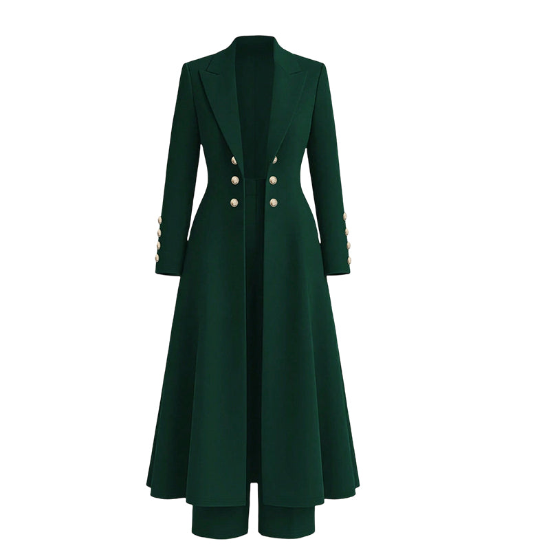 Elegantes herbstliches 2-Teiler-Outfit für Damen mit Retro-Langmantel und schlichter Hose