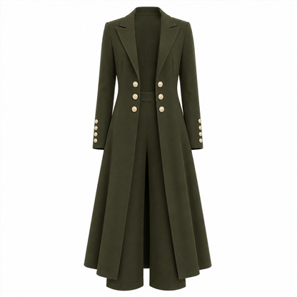 Elegantes herbstliches 2-Teiler-Outfit für Damen mit Retro-Langmantel und schlichter Hose