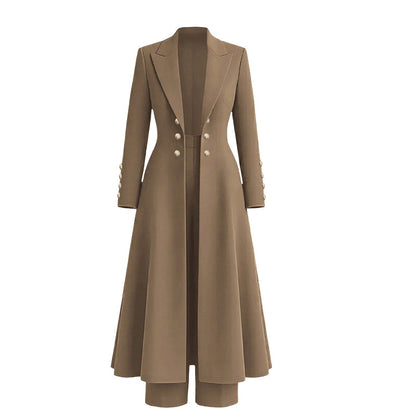 Elegantes herbstliches 2-Teiler-Outfit für Damen mit Retro-Langmantel und schlichter Hose