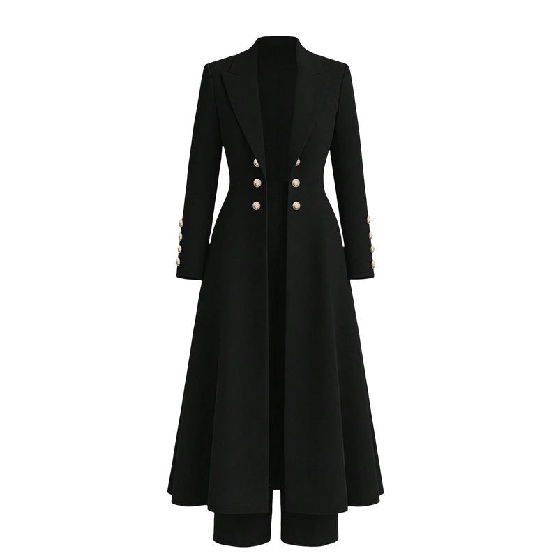 Elegantes herbstliches 2-Teiler-Outfit für Damen mit Retro-Langmantel und schlichter Hose