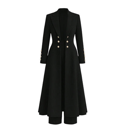 Elegantes herbstliches 2-Teiler-Outfit für Damen mit Retro-Langmantel und schlichter Hose