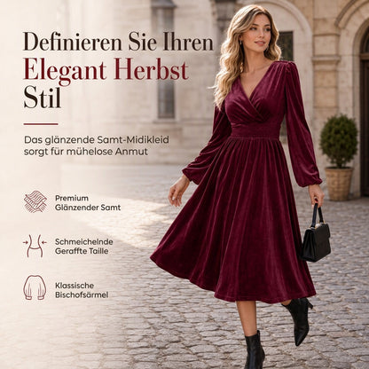 Damen einfarbiges Samt-Maxikleid mit V-Ausschnitt und langen Ärmeln