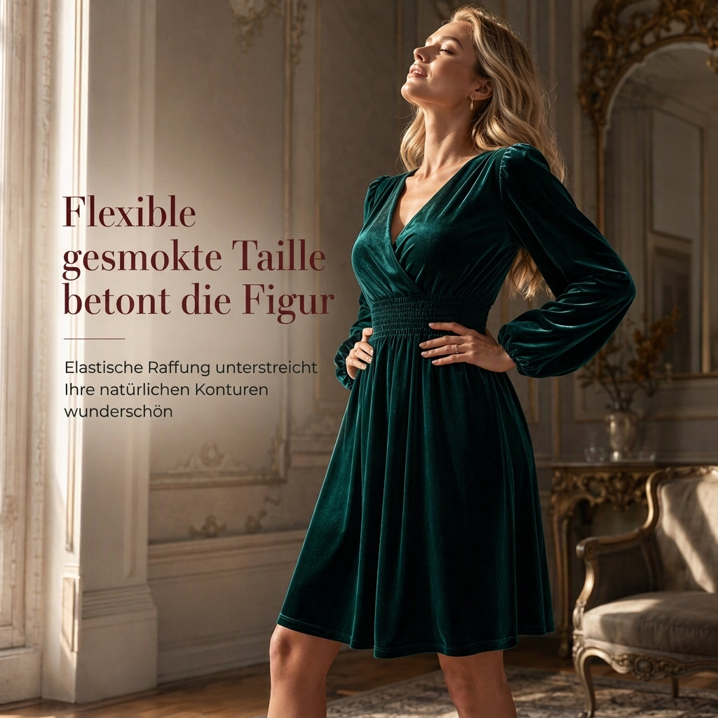 Damen einfarbiges Samt-Maxikleid mit V-Ausschnitt und langen Ärmeln