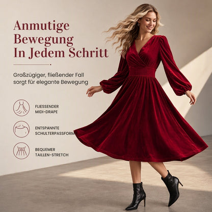 Damen einfarbiges Samt-Maxikleid mit V-Ausschnitt und langen Ärmeln
