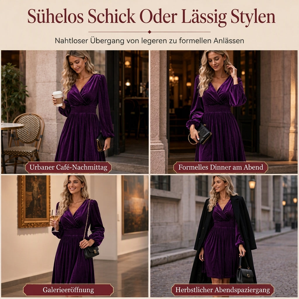 Damen einfarbiges Samt-Maxikleid mit V-Ausschnitt und langen Ärmeln