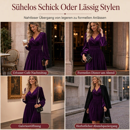 Damen einfarbiges Samt-Maxikleid mit V-Ausschnitt und langen Ärmeln