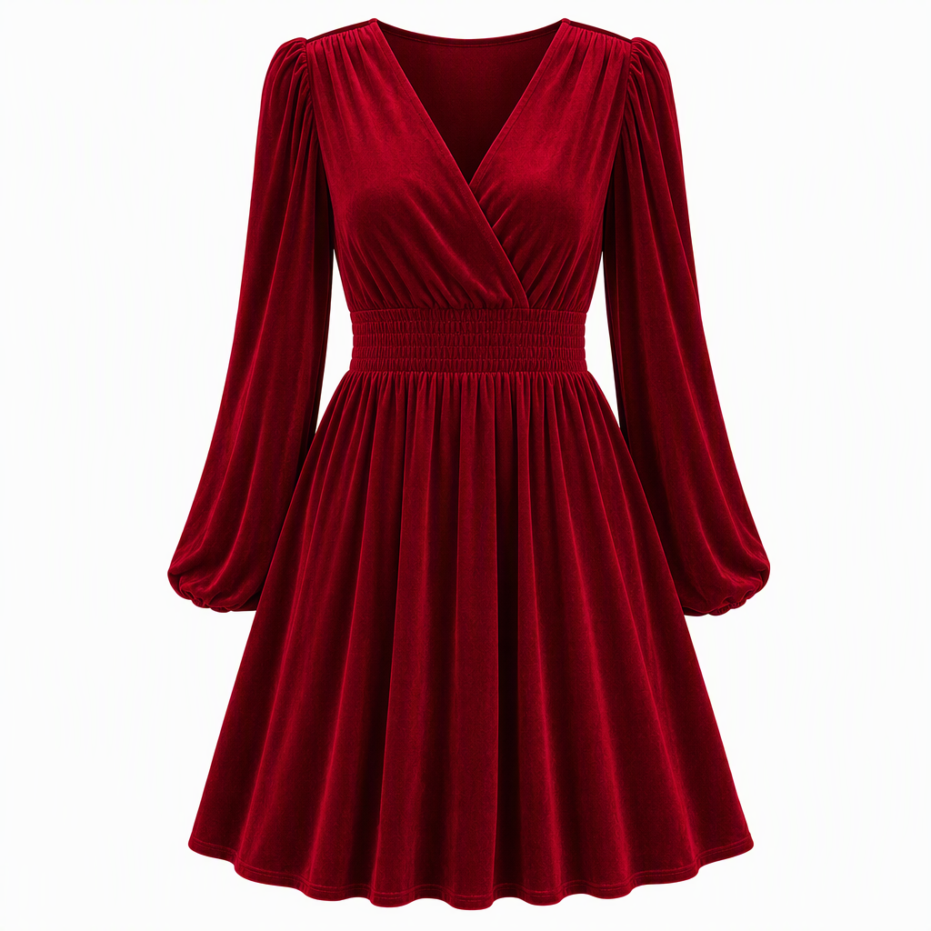 Damen einfarbiges Samt-Maxikleid mit V-Ausschnitt und langen Ärmeln