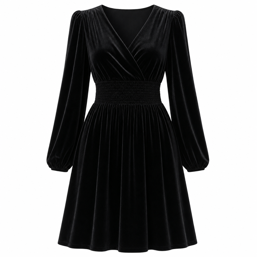 Damen einfarbiges Samt-Maxikleid mit V-Ausschnitt und langen Ärmeln