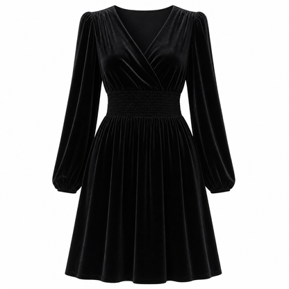Damen einfarbiges Samt-Maxikleid mit V-Ausschnitt und langen Ärmeln