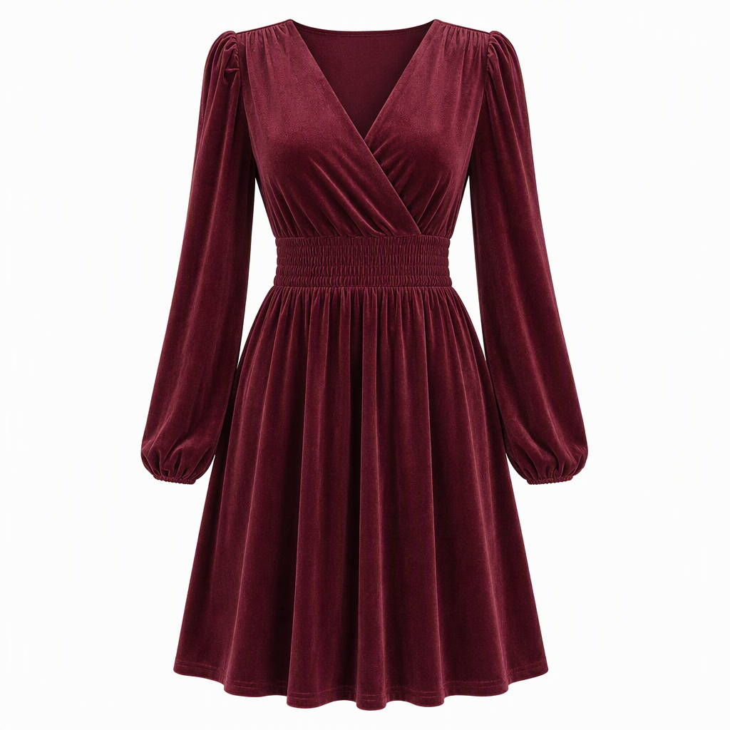 Damen einfarbiges Samt-Maxikleid mit V-Ausschnitt und langen Ärmeln
