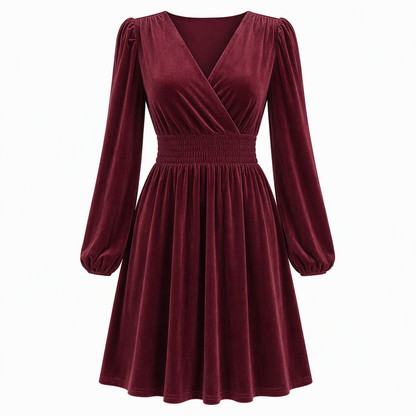 Damen einfarbiges Samt-Maxikleid mit V-Ausschnitt und langen Ärmeln