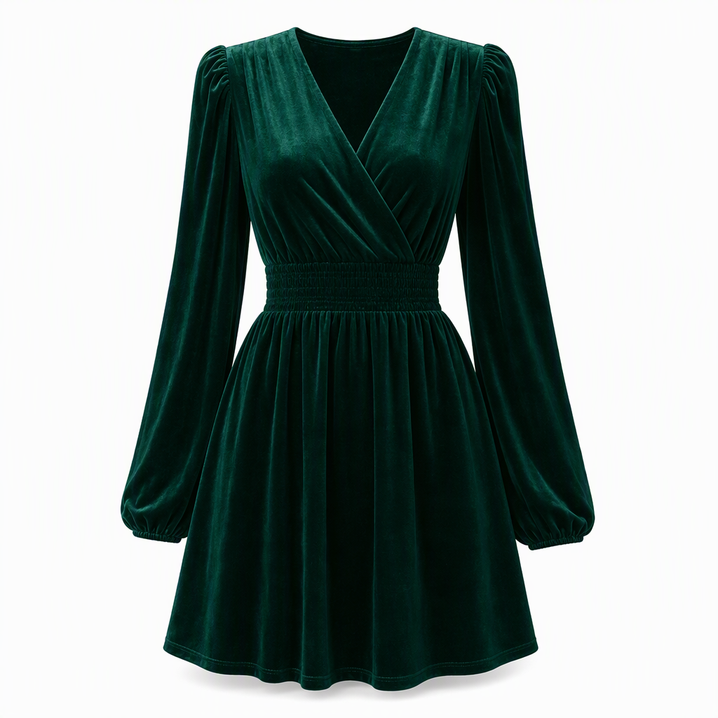 Damen einfarbiges Samt-Maxikleid mit V-Ausschnitt und langen Ärmeln