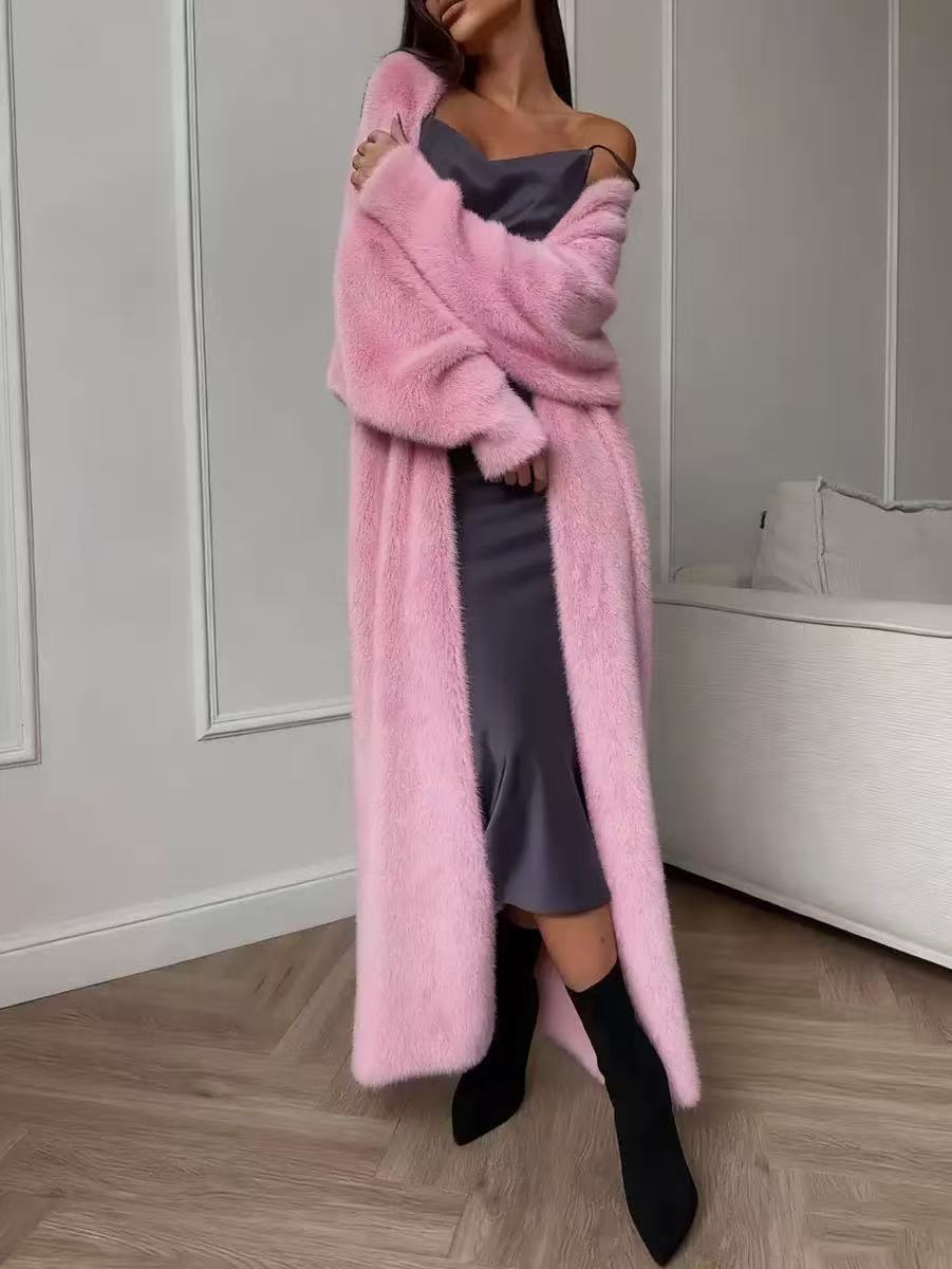 Damen Langcardigan aus Kunstpelz-Fleece, flauschiger oversized Strickmantel für Herbst und Winter