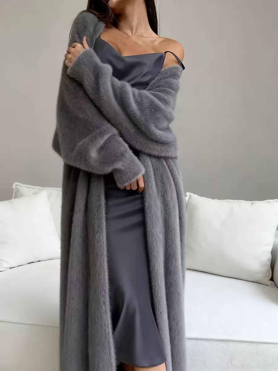 Damen Langcardigan aus Kunstpelz-Fleece, flauschiger oversized Strickmantel für Herbst und Winter