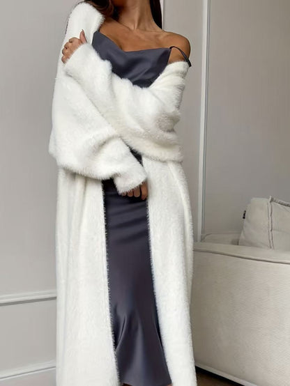 Damen Langcardigan aus Kunstpelz-Fleece, flauschiger oversized Strickmantel für Herbst und Winter