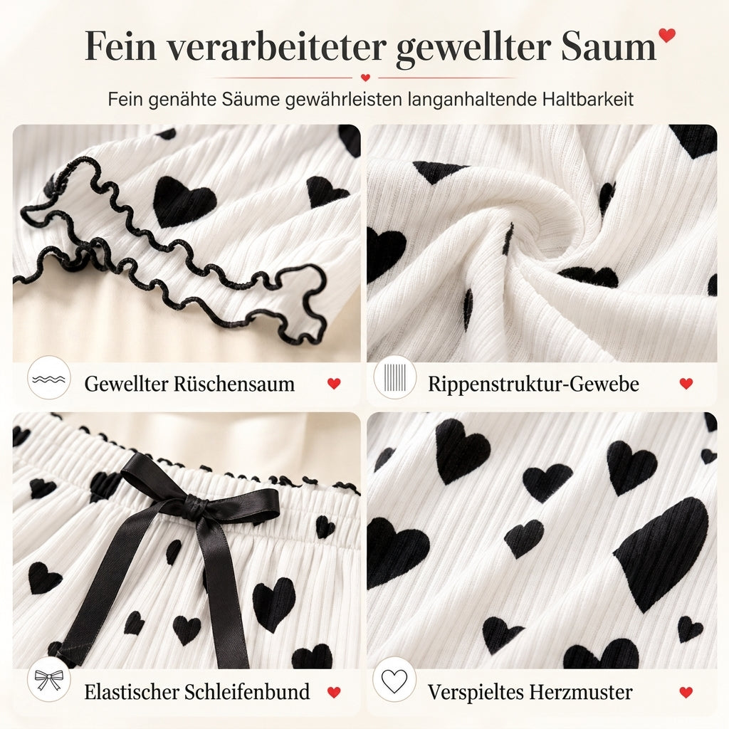 Damen 2-Teilig Geripptes Pyjama-Set Mit Herzdruck Trägertop Und Langen Hosen Loungewear
