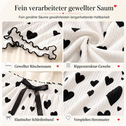 Damen 2-Teilig Geripptes Pyjama-Set Mit Herzdruck Trägertop Und Langen Hosen Loungewear
