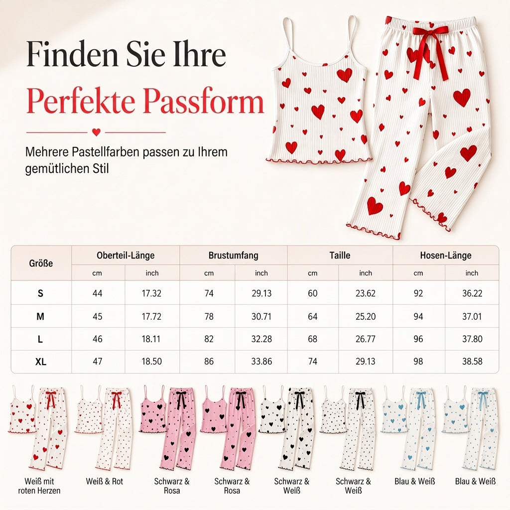 Damen 2-Teilig Geripptes Pyjama-Set Mit Herzdruck Trägertop Und Langen Hosen Loungewear